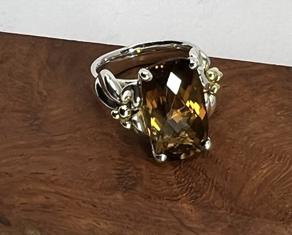 Designer Ann King Whisky Quartz Ring 925 Sterling 18K Gold Size 7 EUC